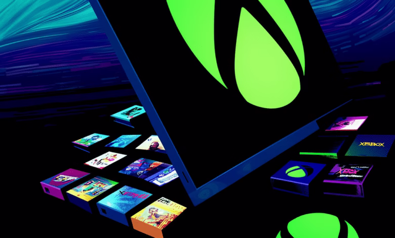 Xbox game tiles and console displayed on a dark background with vibrant neon green accents.