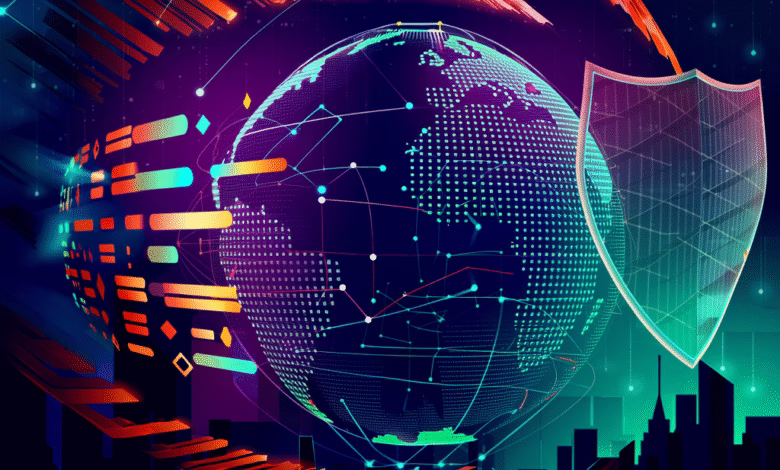 Abstract digital globe protected by a shield, surrounded by data streams and a city skyline. Represents global cybersecurity.