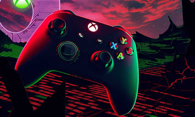 Xbox controller illuminated in red and green, resting on lines of code against a dark, futuristic backdrop.