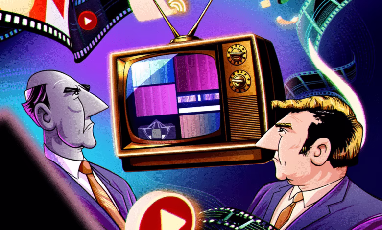 Retro illustration of two men flanking a vintage TV, surrounded by film reels and digital media icons, symbolizing the evolution of media.