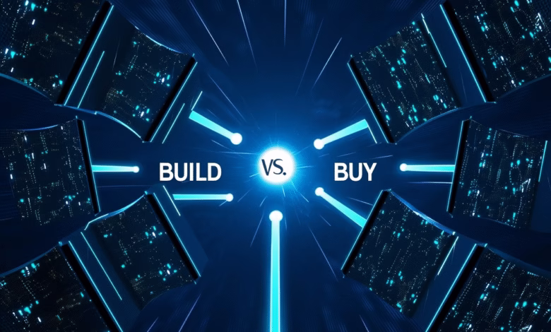 Abstract graphic depicting 'Build vs. Buy' decision, shown with glowing blue circuit boards converging on a central point.
