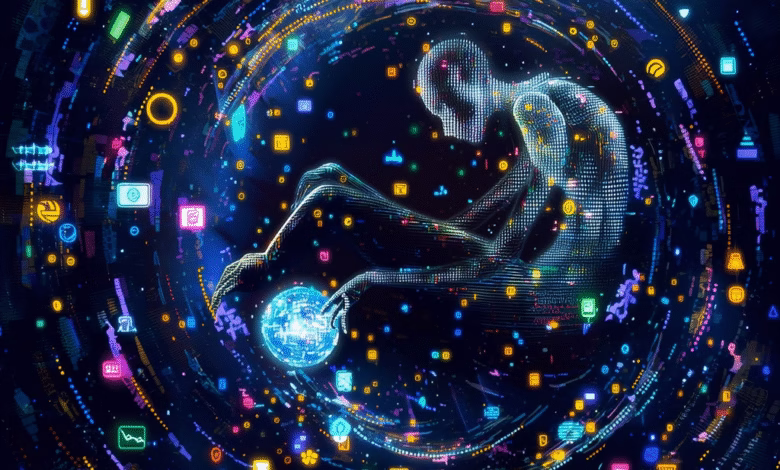 Digital human figure sits within swirling data streams, holding a glowing orb; vibrant neon colors on dark background.
