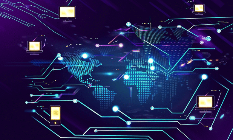 Global network illustration: glowing circuit board lines connect devices across a digital world map.