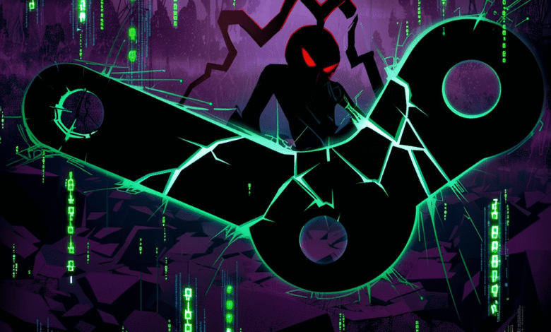 Cracked Steam logo with a shadowy figure in the background, set against a backdrop of purple and green digital code.