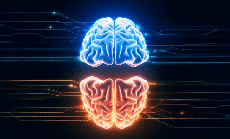 Two glowing brains, one blue and one orange, connected by digital circuitry lines against a dark background. Represents AI and human intelligence.