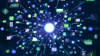Abstract digital network radiating from a central point, showcasing data transfer and connectivity.
