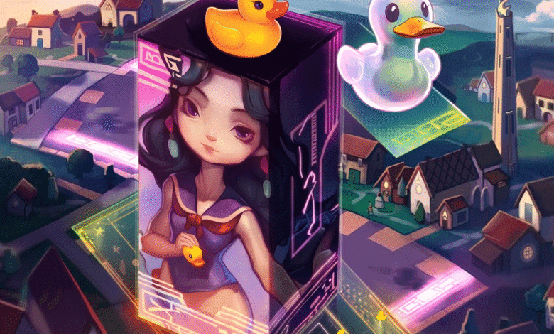 Anime-style girl inside a digital box with rubber ducks, set against a whimsical town backdrop.