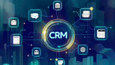 Diagram showing CRM system connected to various business functions like email, documents, and payments, set against a futuristic cityscape.