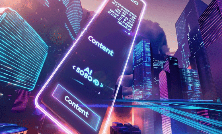 Neon-lit cityscape with a futuristic phone displaying 'AI Content' and 'SEO' options.