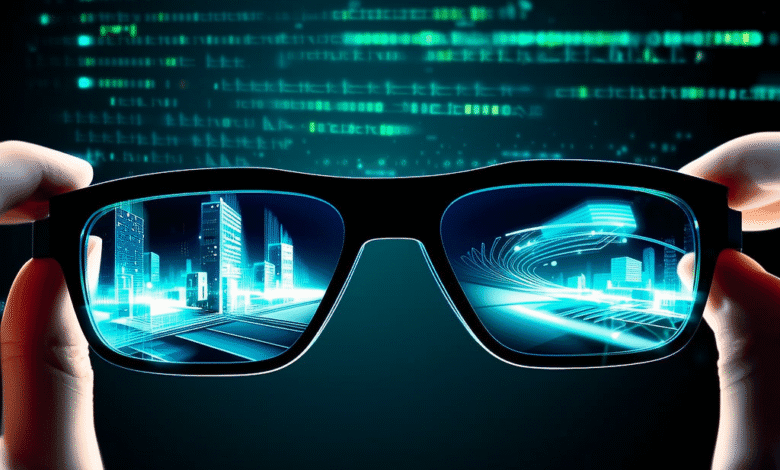 Hands hold glasses displaying a futuristic city skyline and digital data streams, set against a backdrop of computer code.