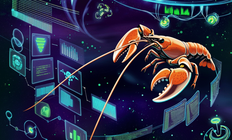 A vibrant illustration of a lobster navigating a futuristic, data-filled space. Neon-colored graphs and code surround it.