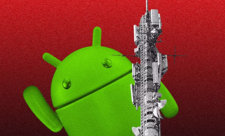 Android robot partially obscured by a large cell tower against a red background. Illustrates potential security risks.