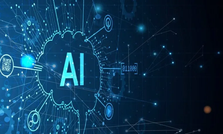 Abstract AI graphic: 'AI' in blue, surrounded by circuit lines, gears, and data points on a dark blue background.