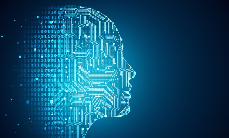 Abstract profile of a human head formed from circuit board lines and binary code, representing artificial intelligence.