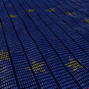 Abstract digital rendering of the European Union flag composed of binary code.
