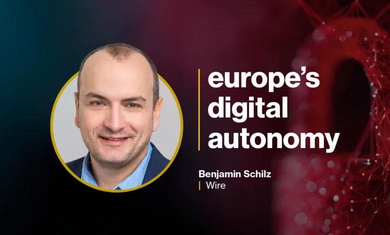 Benjamin Schilz, Wire, discusses Europe's digital autonomy against a backdrop of a red network graphic.