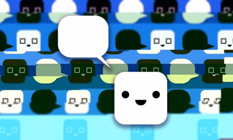 Abstract digital art featuring stylized faces and speech bubbles in a repeating pattern, with a glitch effect.