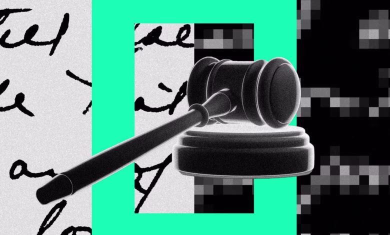 A gavel rests on a block against a background of handwritten text and pixelated sections, symbolizing copyright and AI.