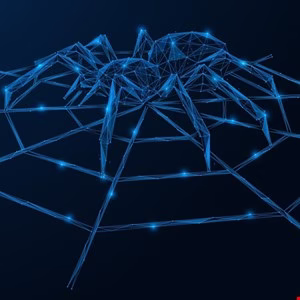 Abstract digital art of a spider on its web, rendered in glowing blue lines and points.