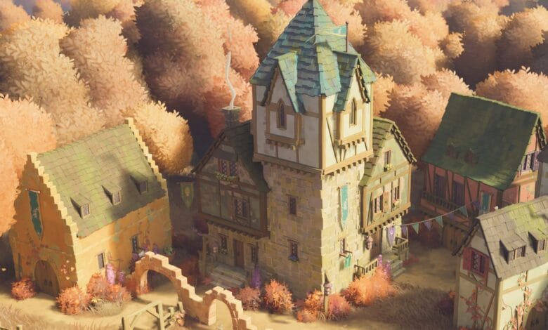 A charming village nestled in an autumnal forest, featuring a tall stone building and smaller houses with gabled roofs.