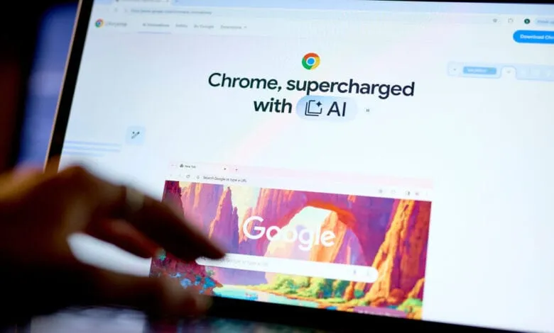 Close-up of a laptop screen displaying the Google Chrome browser, showcasing its AI-powered features. A hand interacts with the screen.