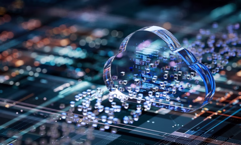 Abstract glass cloud with data cubes flowing from it onto a circuit board, representing cloud computing.