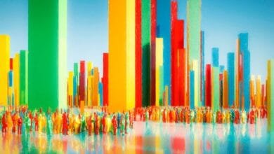 Abstract art depicting a crowd of colorful figures standing before a city of vibrant, tall bar graphs.