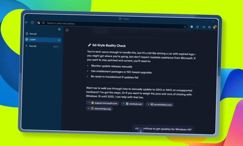 Laptop screen shows instructions for manually updating unsupported hardware to Windows 23H2 or 24H2, or staying on Windows 10. A car analogy is used.