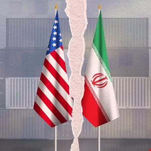 US and Iranian flags stand divided by a tear, symbolizing strained trade relations amidst shipping containers.