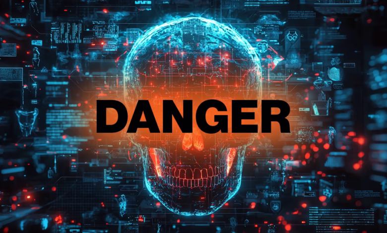 Cybersecurity warning: A digital skull glows with blue and orange, overlaid with the word 'DANGER' and tech data streams.