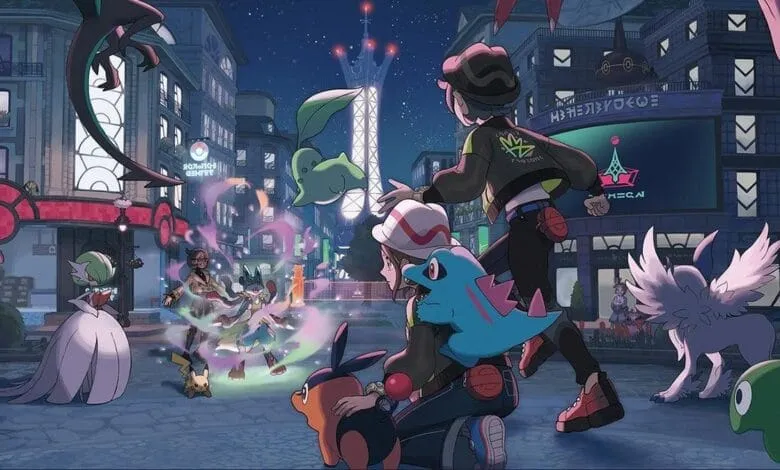 Pokemon characters in a vibrant city at night, surrounded by various Pokemon creatures.
