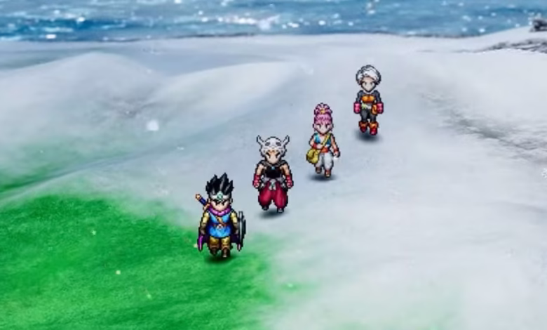 Pixel art characters walk across a snowy landscape toward a body of water in Dragon Quest III.
