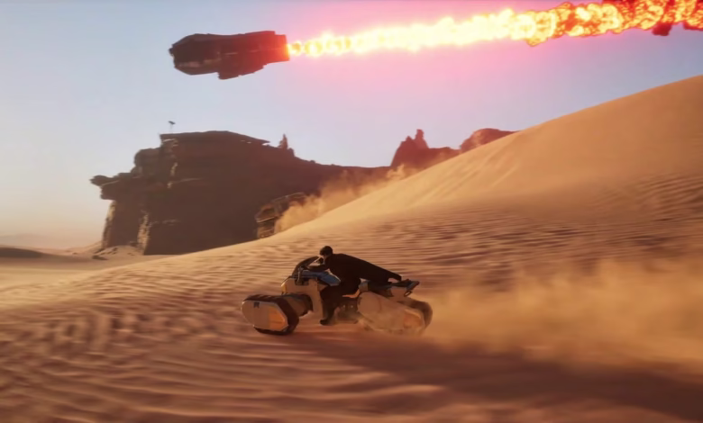 A person rides a futuristic vehicle across a desert dune as a spaceship streaks across the sky leaving a fiery trail.