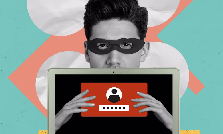 A stylized image of a person in a mask holding a password screen on a laptop, set against a teal and coral background.