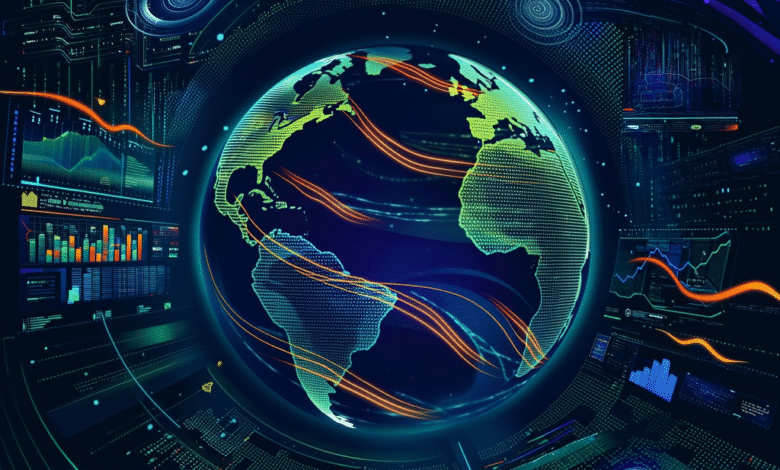 A glowing digital Earth surrounded by data streams and graphs, visualizing global interconnectedness.