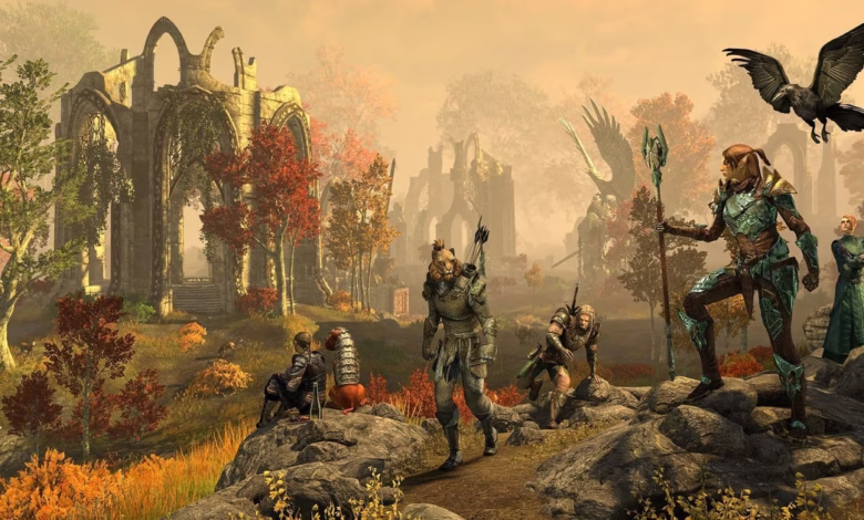 A group of adventurers in fantasy armor explore autumnal ruins, a raven perched nearby.
