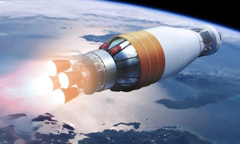 A spacecraft with multiple engines igniting, soaring above Earth's atmosphere. The planet's curvature and landmasses are visible below.
