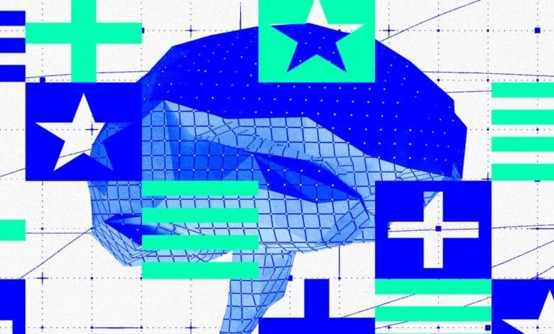 Abstract graphic of a blue wireframe brain overlaid with bright teal geometric shapes and stars, set against a grid background.