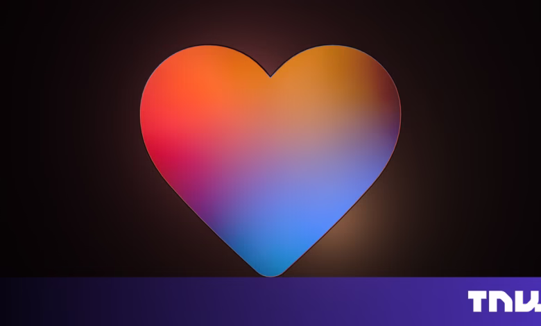 A vibrant, gradient-filled heart shape against a dark background. The colors shift from orange to purple and blue.