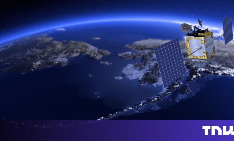 Satellite orbiting Earth, showcasing solar panels and communication antenna against a backdrop of land and ocean.