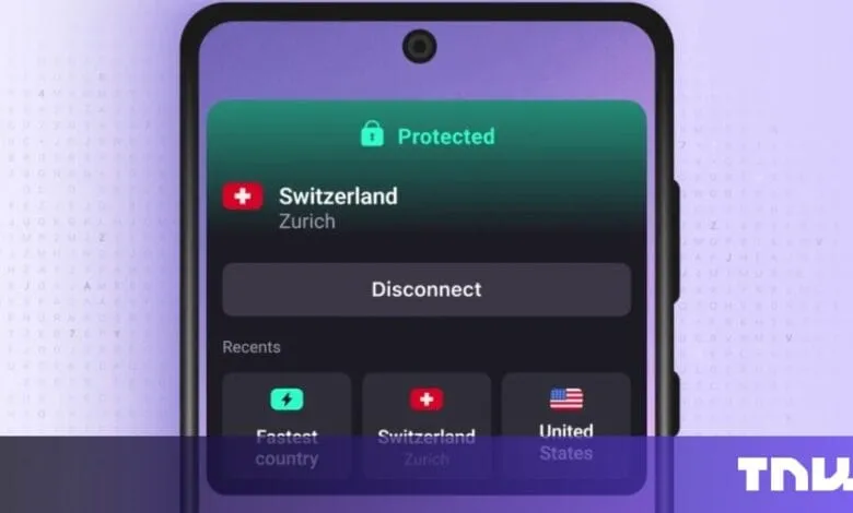 Smartphone screen displays a VPN app connected to a server in Zurich, Switzerland. Options to disconnect and recent connections are shown.