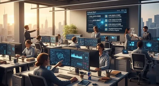 A bustling modern office with numerous employees working on computers displaying data visualizations. A large screen shows critical alerts.
