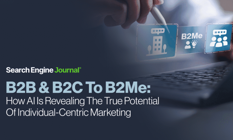 Hand interacts with digital B2B, B2C, and B2Me icons on a laptop, illustrating AI's role in individual-centric marketing.