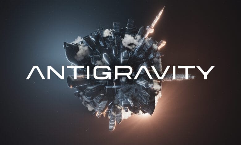 A futuristic city floats in space, defying gravity. The word 'ANTIGRAVITY' is prominently displayed.
