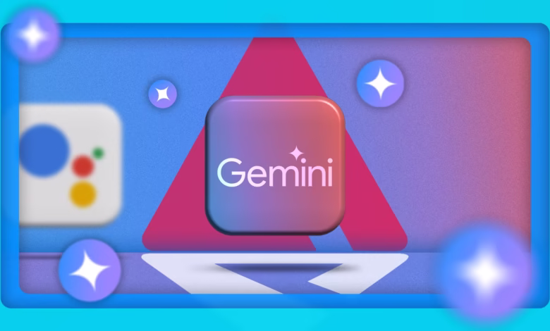 Google Gemini AI logo displayed prominently, with a blurred Google Assistant logo in the background and vibrant geometric shapes.