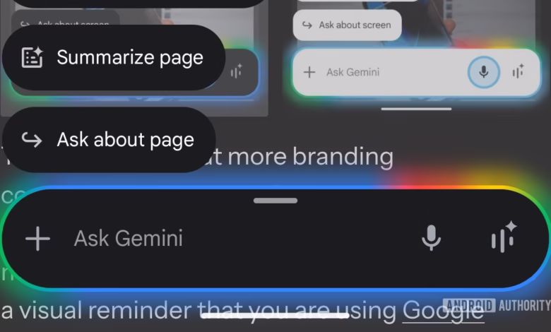 Google Gemini interface showing buttons to summarize a page, ask about a page, and ask Gemini questions using text or voice.