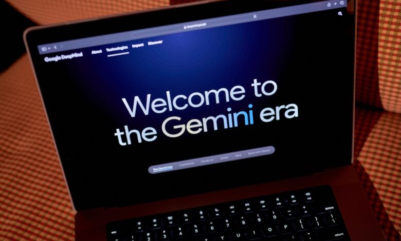 Laptop screen displays 'Welcome to the Gemini era' on a dark background, suggesting a new AI technology launch.