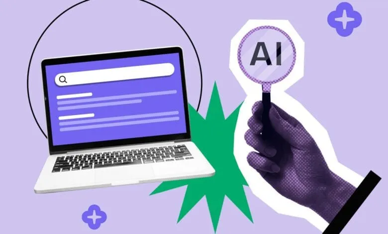 Laptop screen displays a search bar, a hand holds a magnifying glass with 'AI' inside, suggesting AI-powered search.
