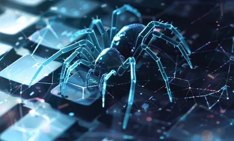 Cybersecurity threat: A translucent blue spider crawls on a computer keyboard, representing a digital attack.