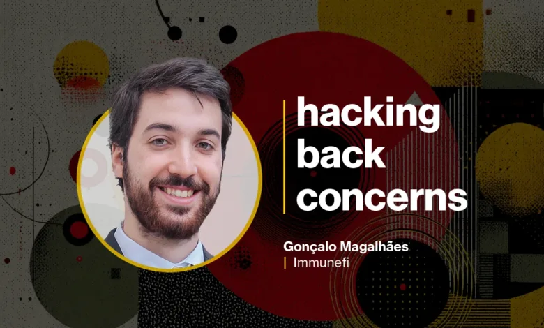 Gonçalo Magalhães, Immunefi, smiles in a headshot. Text overlay: 'hacking back concerns'.